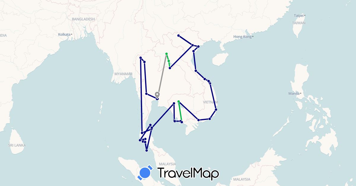 TravelMap itinerary: driving, bus, plane in Cambodia, Laos, Thailand, Vietnam (Asia)